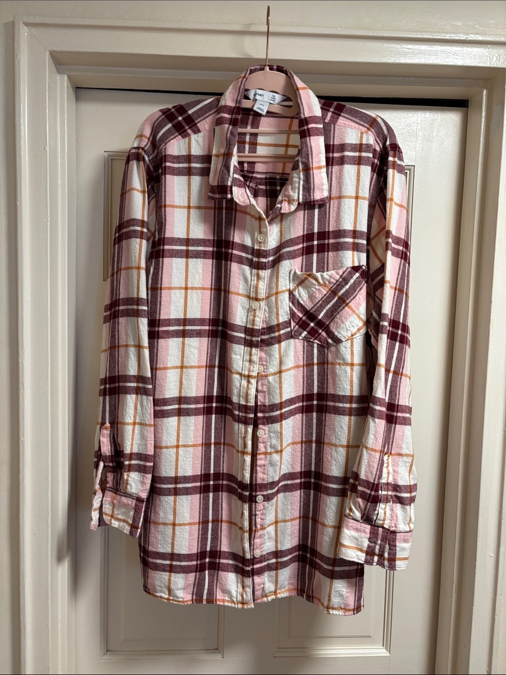 Old Navy Plaid Button-Down Shirt in Burgundy, Pink and Cream